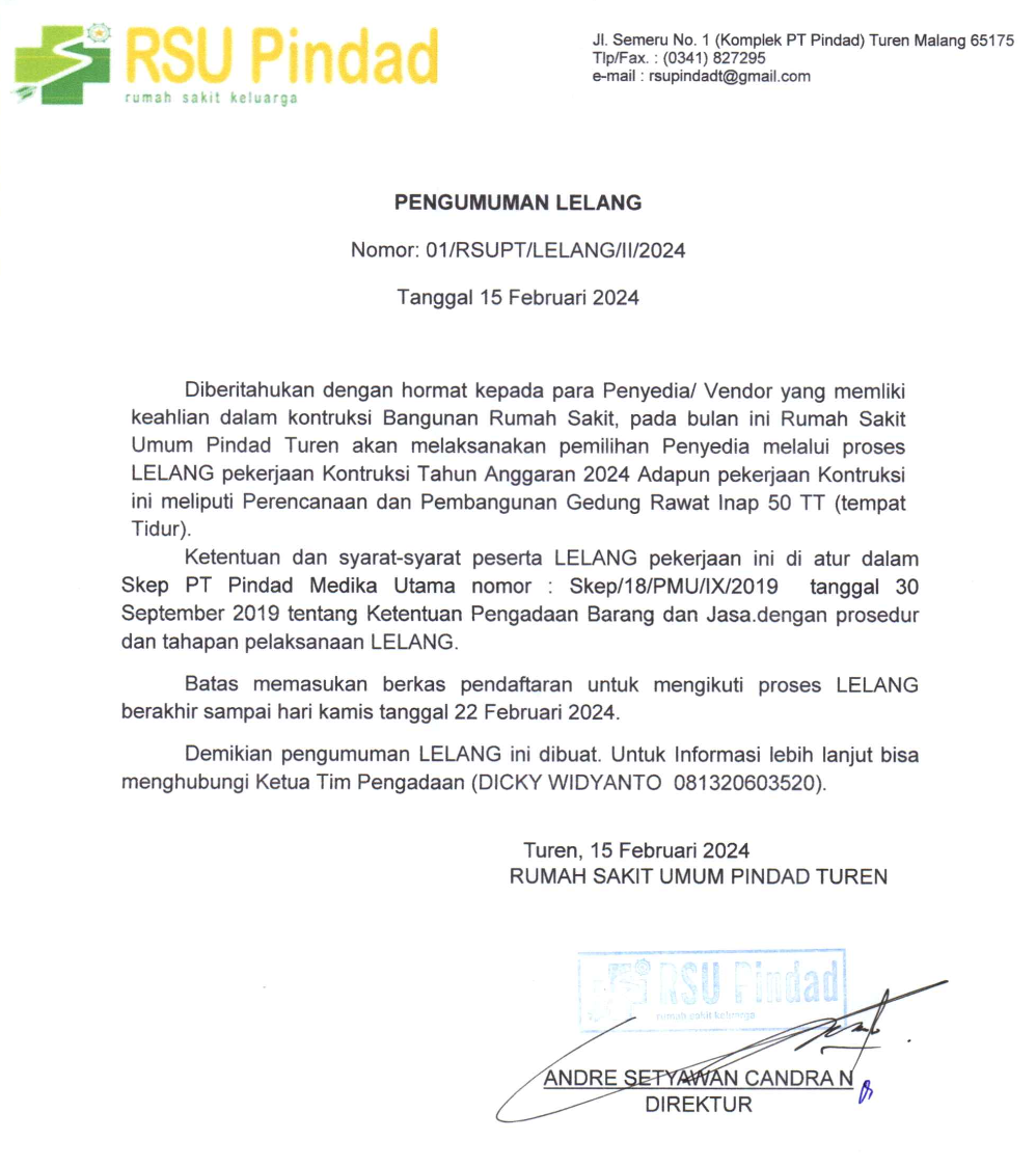 Pengumuman Lelang Konstruksi Pembangunan Gedung Rawat Inap RSU Pindad Turen